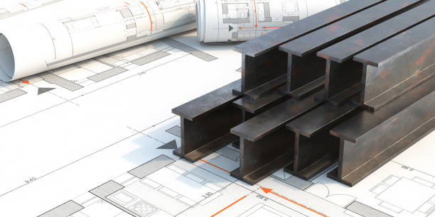 Steel beams stack on project blueprints background. 3d illustration Steel beams production. Metal girders stack on project construction blueprints background, copy space. 3d illustration flange stock pictures, royalty-free photos & images
