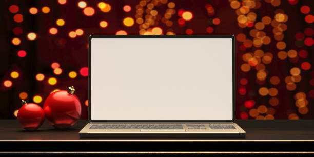 istock Blank screen laptop, Christmas lights bokeh background. 3d illustration 1285139883
