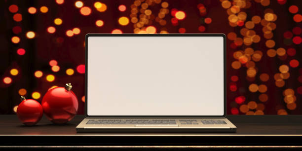 пустой экран ноутбука, рождественские огни bokeh фоне. 3d иллюстрация - office furniture open plan desk стоковые фото и изображения