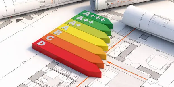 Energy efficiency rating chart on blueprint plans background. Environmetal friendy construction concept. 3d illustration