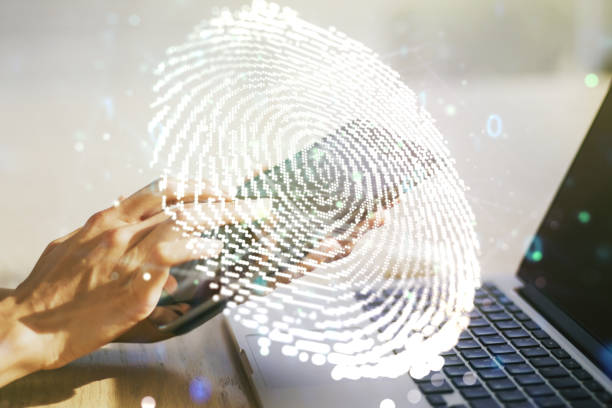 istock Multi exposure of abstract creative fingerprint illustration with finger presses on a digital tablet on background, digital access concept 1285140195
