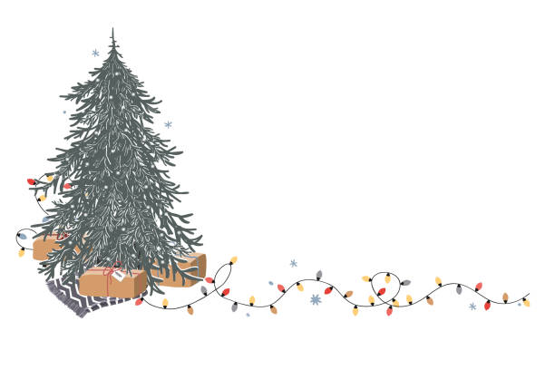 ilustrações, clipart, desenhos animados e ícones de composição de canto de natal com lugar para texto. árvore de natal fresca e não decorada, caixa de presente e luzes brilhantes no fundo branco. cartão de boas-vindas de férias, ilustração vetorial de desenho animado - undecorated
