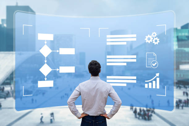 istock Business process management with flowchart to improve efficiency and productivity. Manager analysing workflow on computer screen to implement robotic automation (RPA) 1285142483