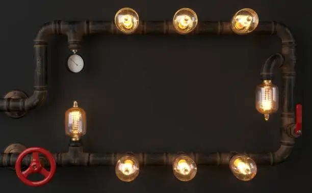 Photo of Background dark wall loft steampunk lamp from pipes