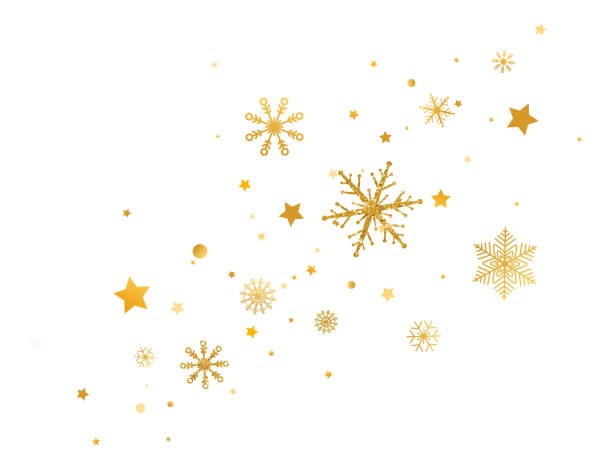 星の境界線を持つ黄金の雪片。お祝いの長いバナー。白い背景に輝く金の雪と雪。メリークリスマスとハッピーニューイヤーデザイン。ベクトルの図 - デザイン要素点のイラスト素材／クリップアート素材／マンガ素材／アイコン素材
