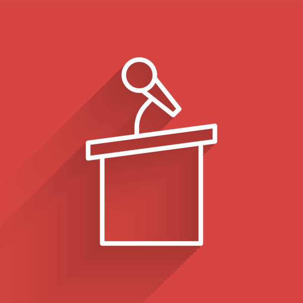 ilustrações de stock, clip art, desenhos animados e ícones de white line stage stand or debate podium rostrum icon isolated with long shadow. conference speech tribune. vector - winners podium audio