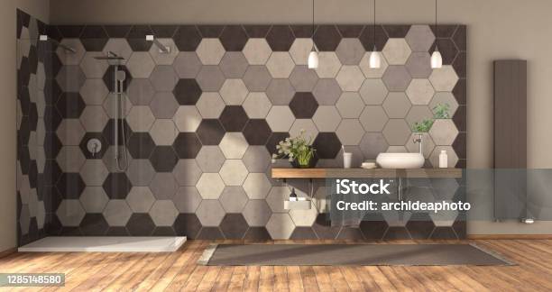 Bathroom With Shower Washbasin And Hexagonal Tiles Wall Stock Photo - Download Image Now