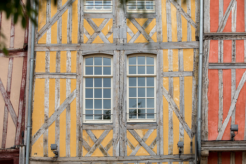 Troyes, France - August 31, 2018: Ancient half-timbered buildings in Troyes. Aube, Champagne-Ardenne, France