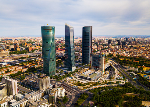MADRID, SPAIN - JUNE 16, 2019: Aerial view of four Towers Business Area (Cuatro Torres) in Madrid, Spain