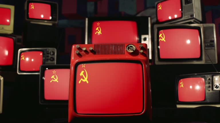 Soviet flags and Retro TVs.