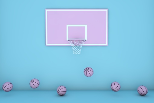 3D Pink basketball hoop and pink basketball ball, blue background