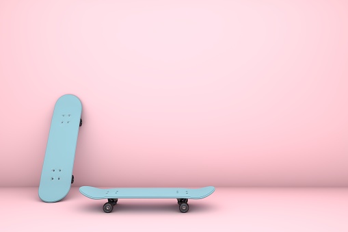 3D Blue skateboards, pink background