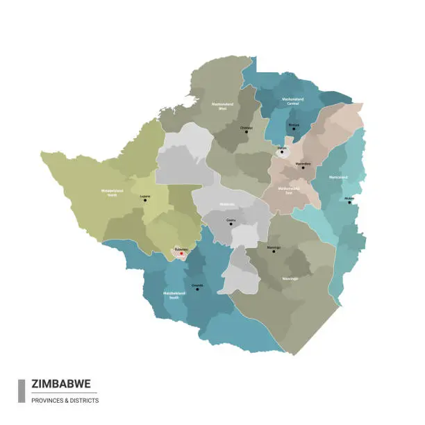 Vector illustration of Zimbabwe higt detailed map with subdivisions. Administrative map of Zimbabwe with districts and cities name, colored by states and administrative districts. Vector illustration with editable and labelled layers.