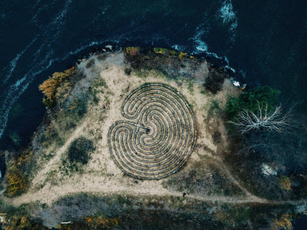 istock Spiral labyrinth made of stones, top view from drone 1285154623