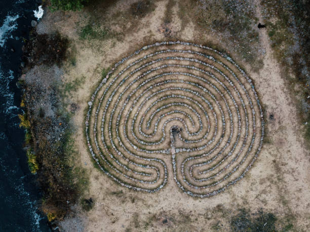 istock Spiral labyrinth made of stones, top view from drone 1285154630