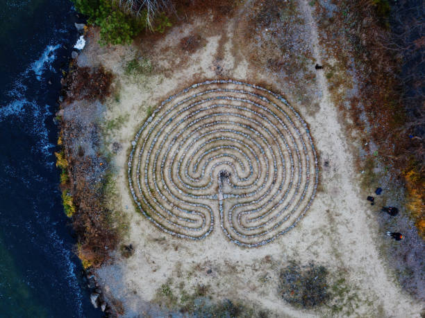 istock Spiral labyrinth made of stones, top view from drone 1285154652