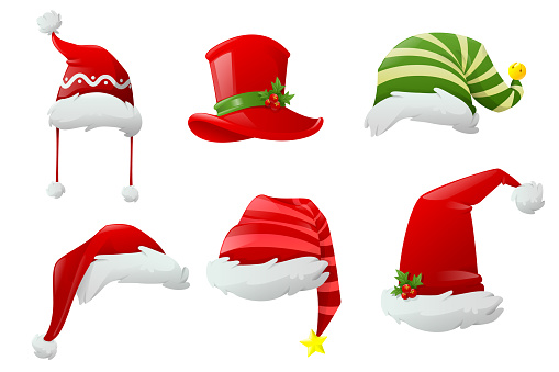 Christmas hat collection. Hats of different Christmas characters. Big set of realistic Santa hats isolated on white background. Cartoon new year face masks. Vector illustration