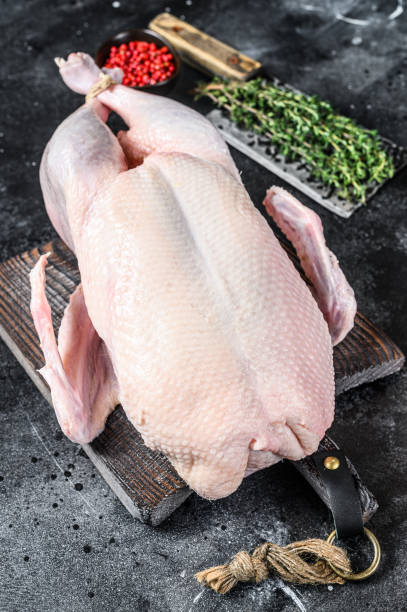 istock Raw whole duck, poultry meat. Black background. Top view 1285156125