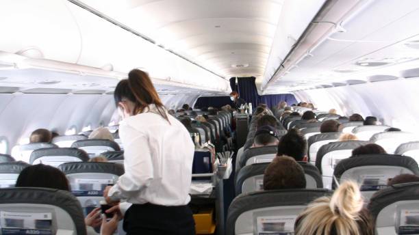 Inside Lufthansa Airlines, Air Stewardess Serving Food And Drinks To People People Sitting Down, Air Stewardess Serving Food And Drink To Passengers Inside Lufthansa Airlines Passengers Airplane After Take Off From Munich International Airport In Bavaria Germany Europe munich airport stock pictures, royalty-free photos & images