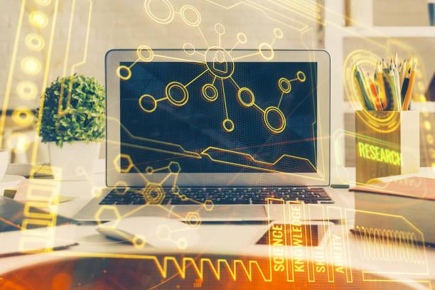 istock Multi exposure of desktop with personal computer and tech theme drawing. Concept of Bigdata. 1285158813