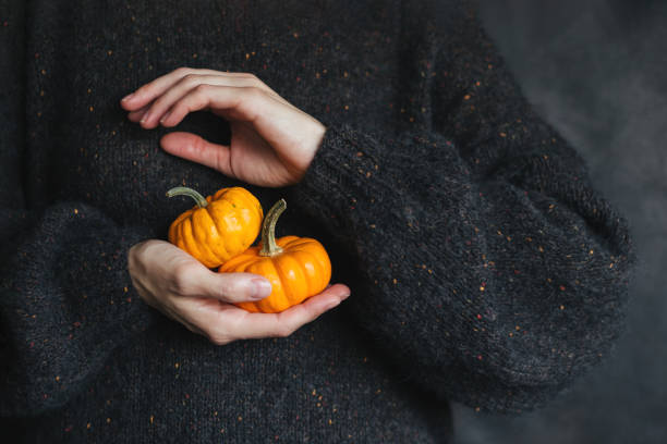 istock Two ripe orange pumpkins in a woman's hand. 1285159134