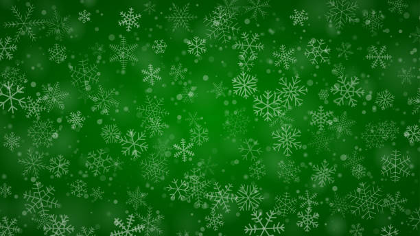 Christmas background of snowflakes Christmas background of snowflakes of different shapes, sizes and transparency in green colors snowing illustrations stock illustrations
