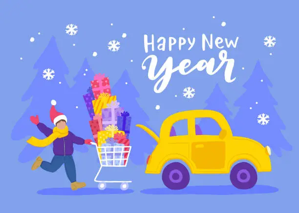 Vector illustration of New Years Holidays, Christmas Gifts shopping. A happy young man with a huge pile of gifts in a Shopping cart goes to his car