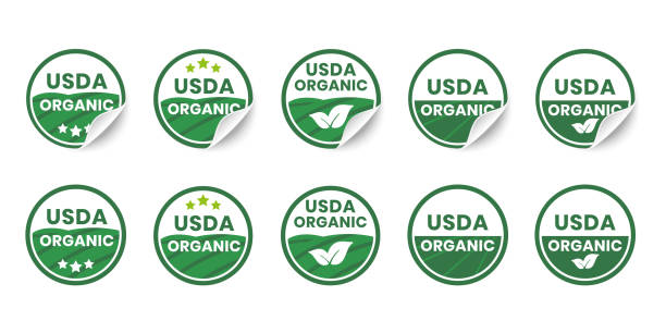 USDA organic certified icons. Set of realistic stickers with rolled up corners. Round organic certification labels with curled edges. Vector illustration USDA organic certified icons. Set of realistic stickers with rolled up corners. Round organic certification labels with curled edges. Vector illustration. organic stock illustrations