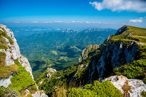 Mountain landscape in Tuscany.  Monte Pizzo d'Uccello in the Apuan Alps and  forest.  Stock photos. Carrara, Tuscany, Italy