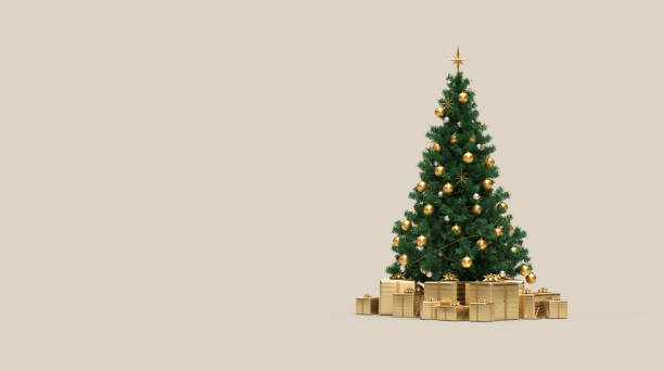 istock Christmas tree with gifts and gold ornaments 3D rendering 1285165473