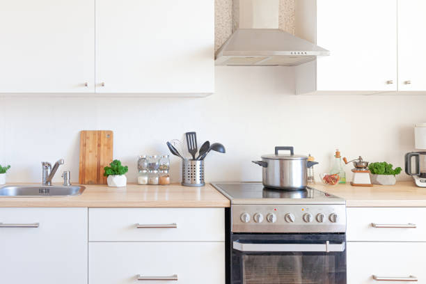 blurred image of modern kitchen interior for background