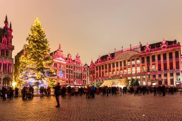 christmas tree in a crowded square surrounded by illuminated historic buildings at night. brussels, belgium. - brussels imagens e fotografias de stock