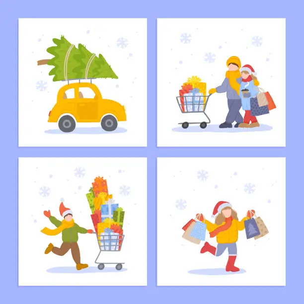 Vector illustration of New Year Holidays and Christmas Shopping Flat Illustration Set