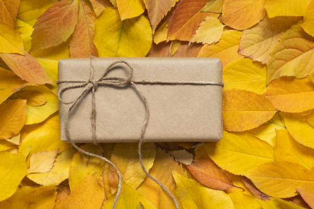 istock Kraft paper gift against autumn sheet background 1285168771
