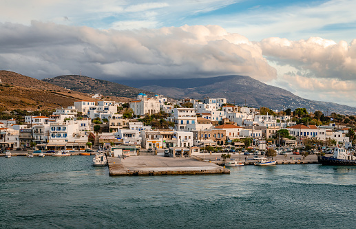 Gavrio / Greece - October 18 2020: Located on the west coast of the Andros island, Gavrio is the only port connecting Andros to Rafina. Once a fishing village, now it is a popular summer resort.