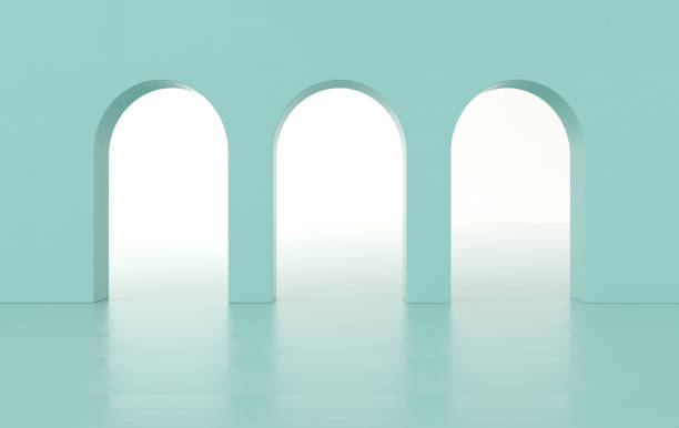istock 3d rendering. Arch hallway simple geometric background, architectural corridor, portal, arch columns inside empty wall. Modern minimal concept 1285174389