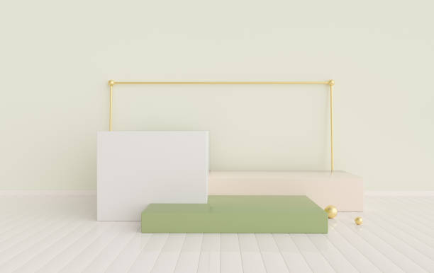 istock 3d rendered studio with geometric shapes, podium on the floor. Platforms for product presentation, mock up background. Abstract composition in minimal design, pastel and gold colors 1285174396