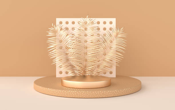 istock 3d rendered studio with geometric shapes, podium on the floor. Platforms for product presentation, mock up background. Abstract composition in minimal design, tropic palm leaves 1285174417