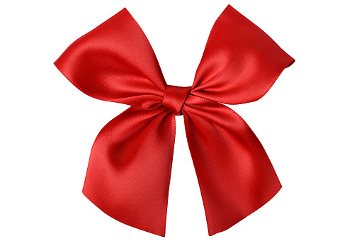 Red gift bow, decorative shiny satin red ribbon isolated on the white background (Clipping Path)