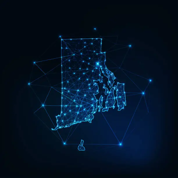 Vector illustration of Rhode Island state USA glowing map made of stars lines dots triangles, low polygonal shapes.