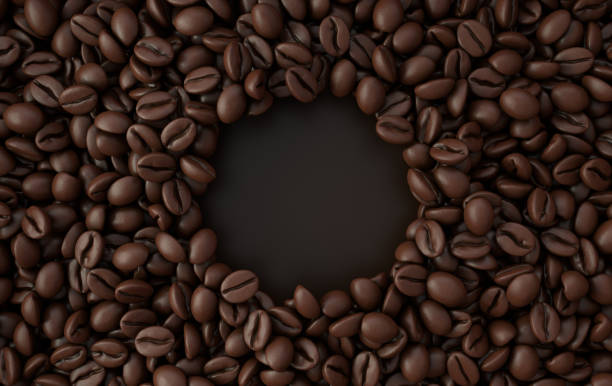 istock Fresh roasted coffee beans frame 3d rendering background. Masses of coffee beans close up. Top view 1285175481