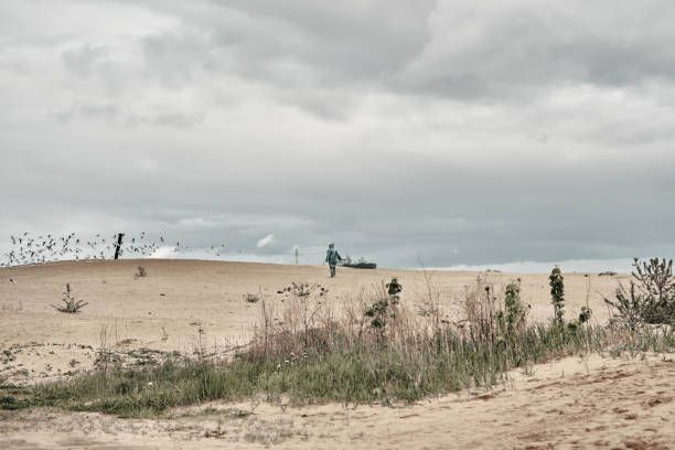 cielo nuvoloso e sabbia, sullo sfondo un uomo in un impermeabile verde. viaggia in qualsiasi tempo. - 11325 foto e immagini stock