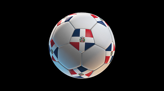 Soccer ball with the flag of Dominican Republic on black background. 3D Rendering