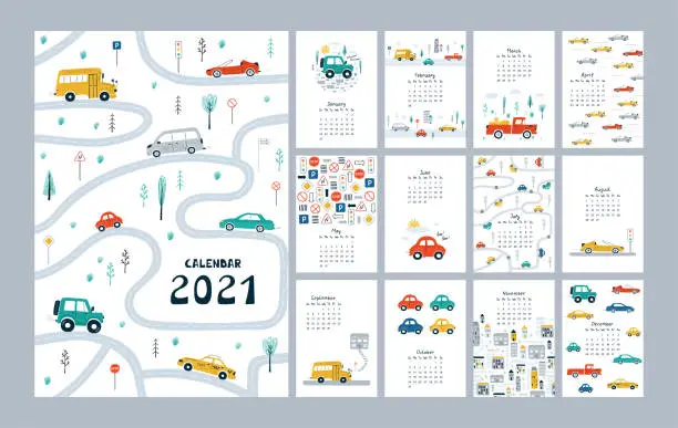 Vector illustration of Cute calendar 2021 with cars, city, road map. Planner template for a children's room. Vector illustration