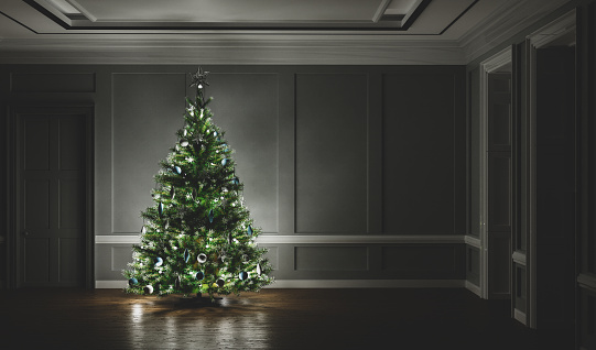Christmas tree in classic elegant apartment 3D illustration