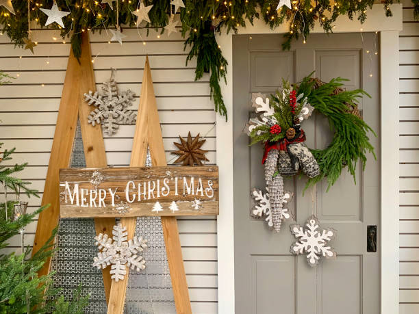 Merry Christmas sign front door stock photo