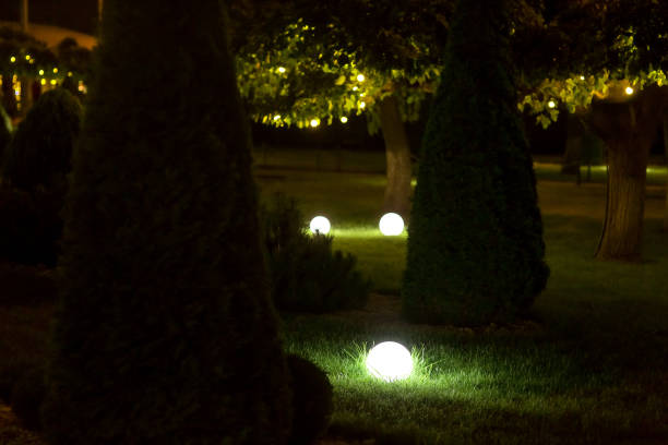 istock illumination landscape light backyard with electric ground lantern with round diffuser lamp with garland of light bulbs on background, round lamps glow at night among arborvitae bushes, nobody. 1285184989