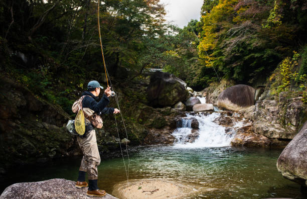 istock Man Fly Fishing in a mountain river with a waterfall 1285185696