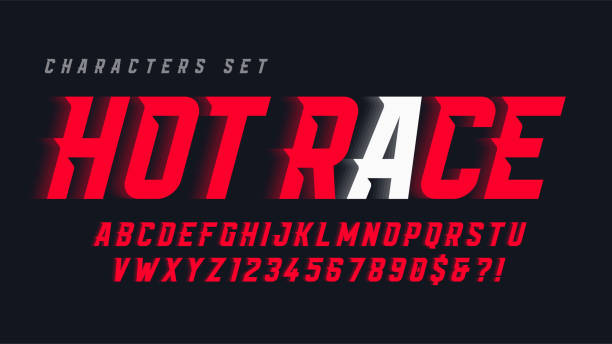 Dynamic alphabet design, letters and numbers. Vector characters. 15 degree skew