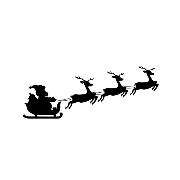 Silhouette of Santa Claus in a sleigh vector art illustration